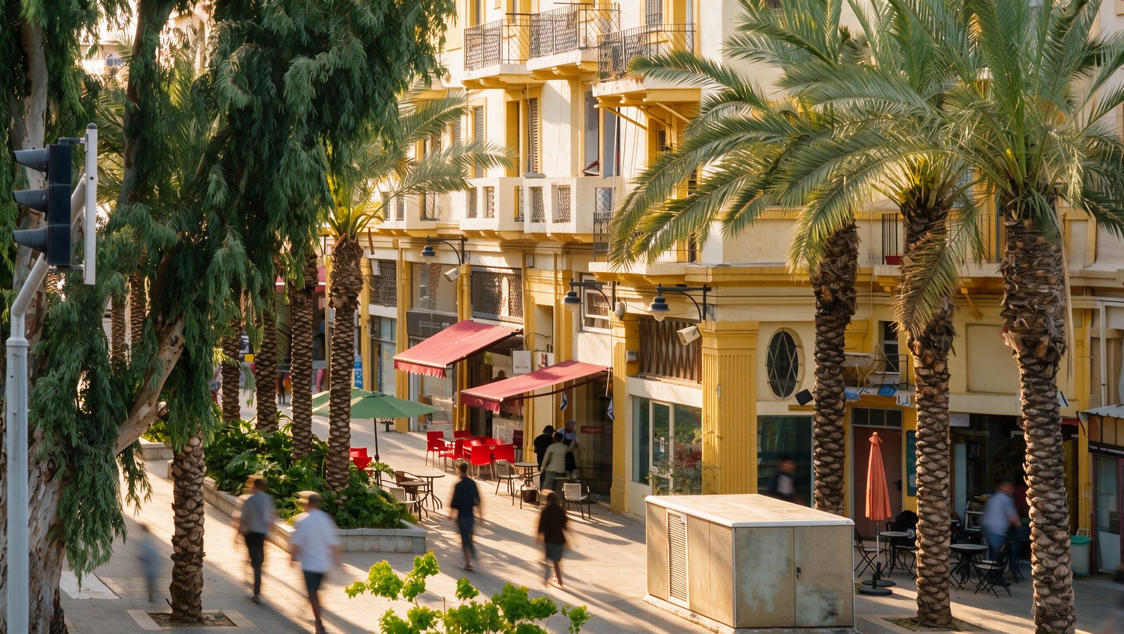 A sunlit palm-lined street in the lower city of Haifa